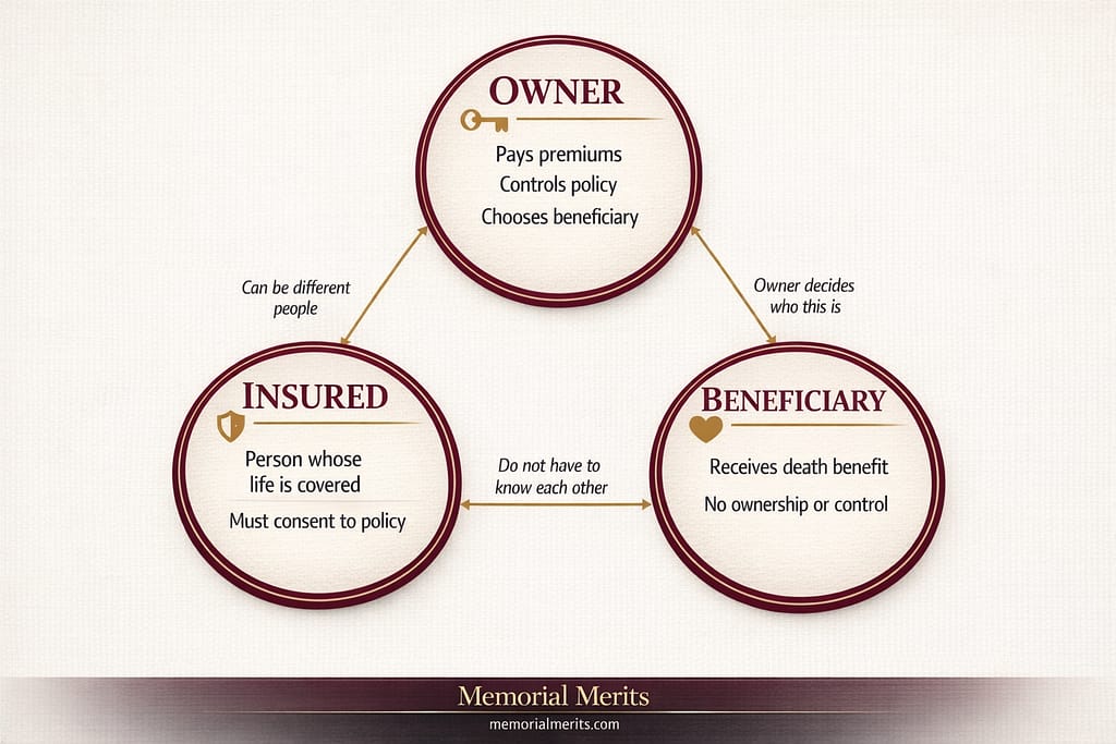 Infographic explaining the three roles in a life insurance policy showing that the owner controls the policy, the insured is the person covered, and the beneficiary receives the death benefit
