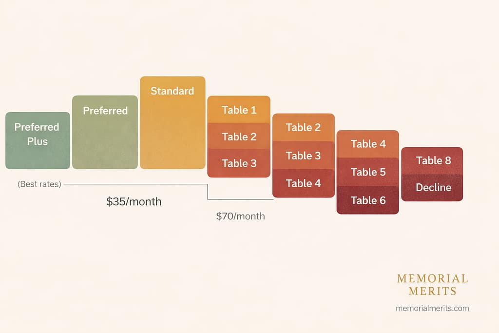 Infographic showing life insurance risk classification tiers from Preferred Plus through Table ratings to Decline with example monthly premium costs at Standard and Table 4