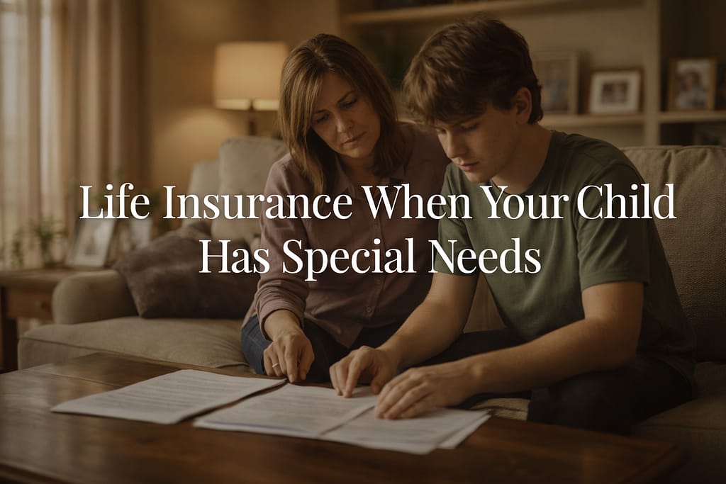 Parent and young adult child reviewing life insurance documents together in a warm living room setting, representing special needs family financial planning
