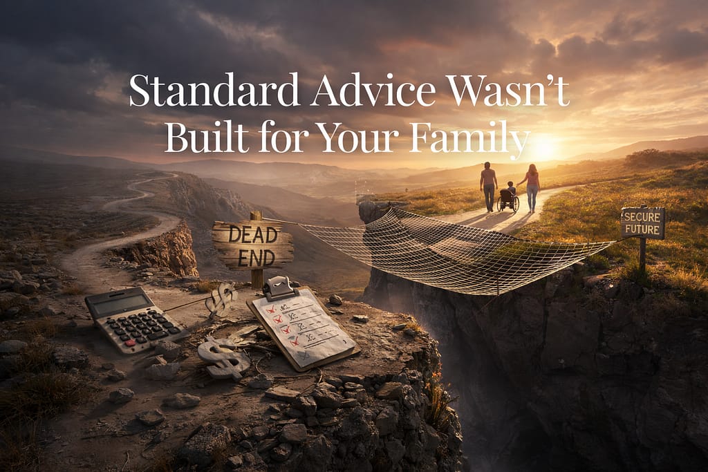 Visual comparison showing how standard life insurance advice
leads to gaps while specialized planning protects special needs families