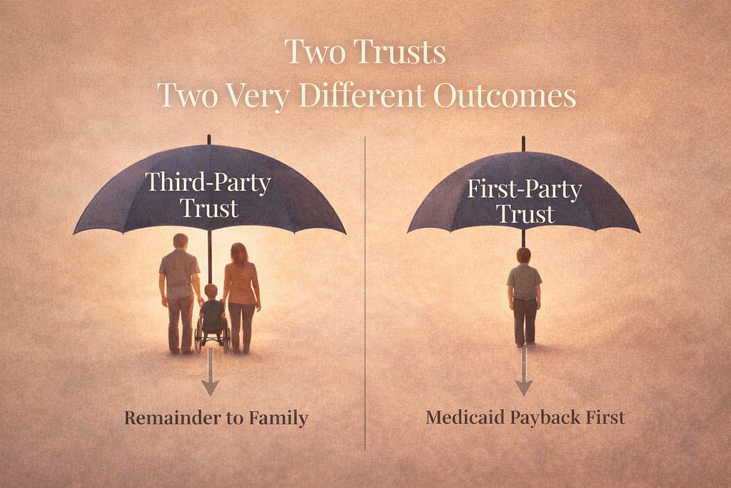 Infographic comparing third-party and first-party special
needs trusts showing how Medicaid payback affects remaining assets