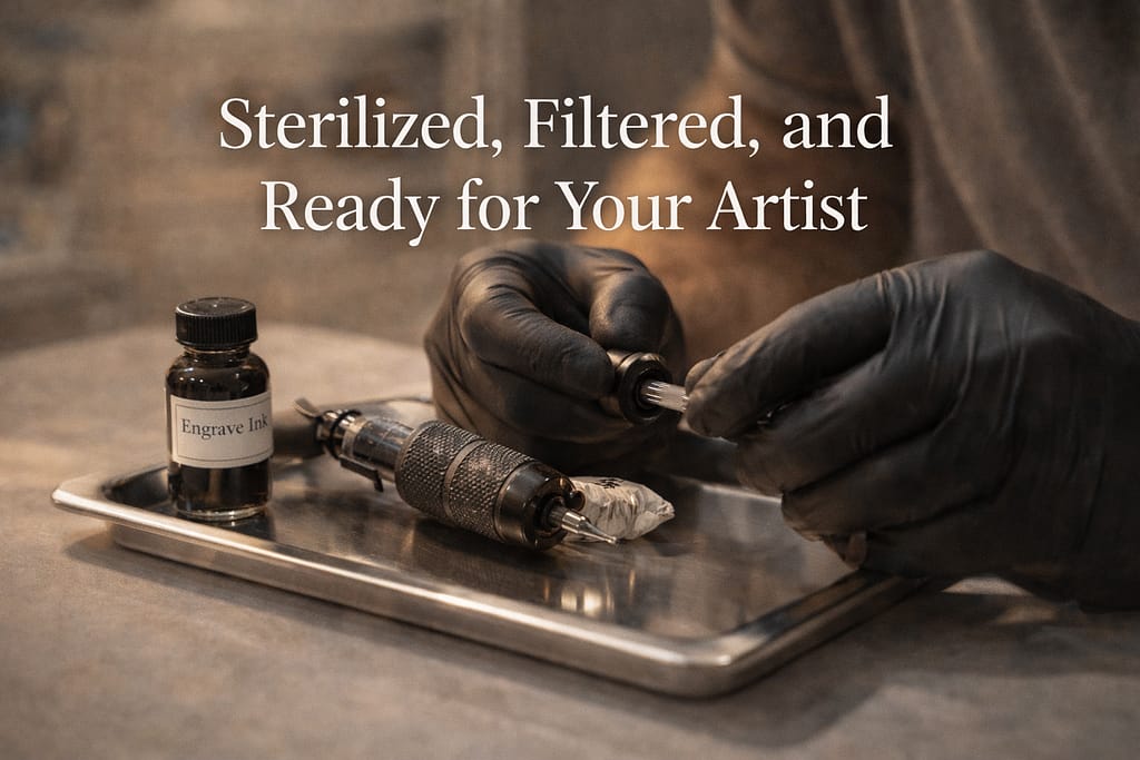 Tattoo artist with gloved hands preparing a tattoo machine alongside a bottle of cremation tattoo ink on a sterile stainless steel tray in a professional studio