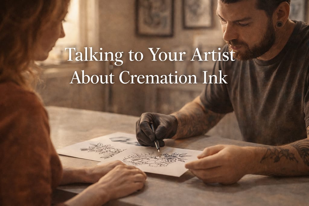 Tattoo artist and client reviewing a memorial tattoo design together at a studio consultation table in warm natural light