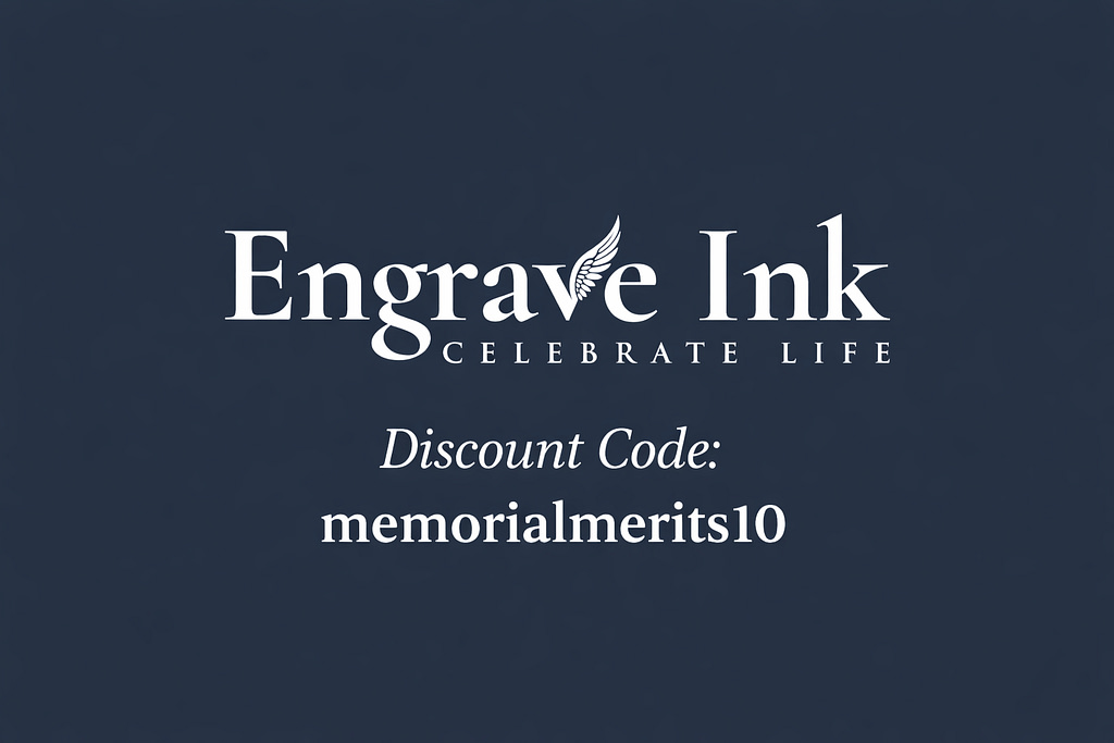 Engrave Ink logo with Celebrate Life tagline and exclusive Memorial Merits discount code memorialmerits10 for cremation tattoo ink
