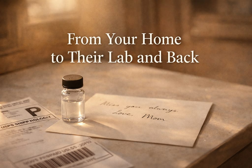 Sealed retaining kit container and handwritten note on a clean countertop prepared for shipping to Engrave Ink for cremation tattoo ink processing