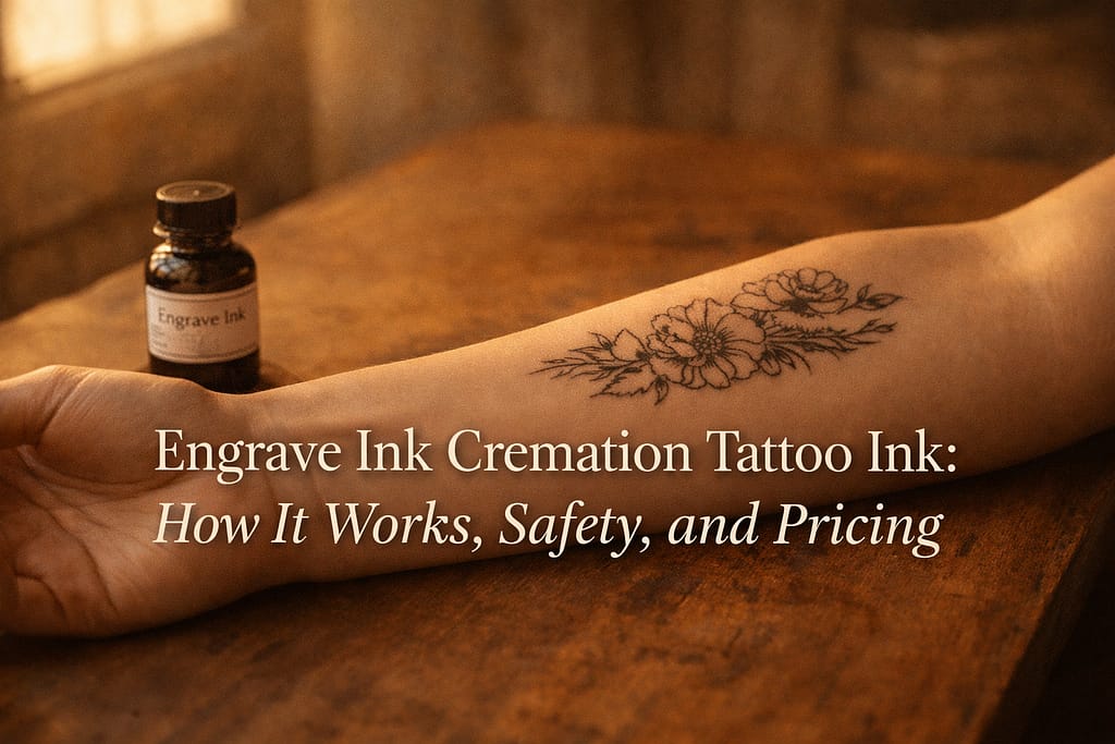 Fresh memorial tattoo on a forearm resting beside a bottle of cremation tattoo ink on a warm wooden surface in soft afternoon light