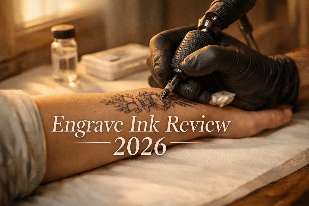 Tattoo artist carefully working a memorial design on a woman's forearm in warm golden studio light with Engrave Ink retaining kit in the background