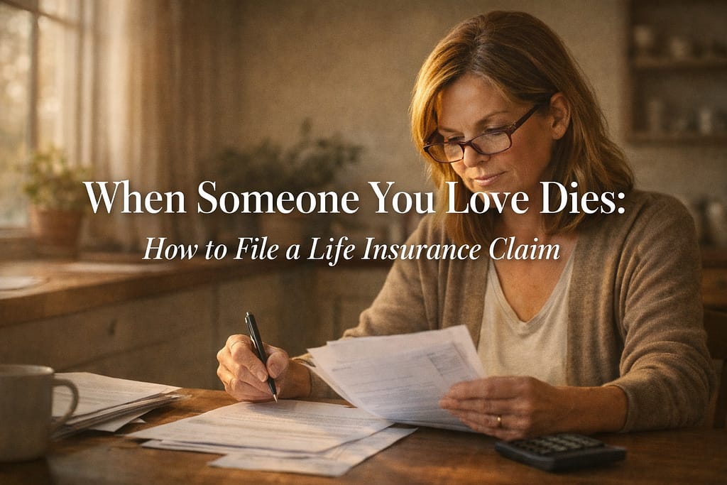 Adult woman carefully reviewing life insurance claim paperwork at a desk in warm natural light