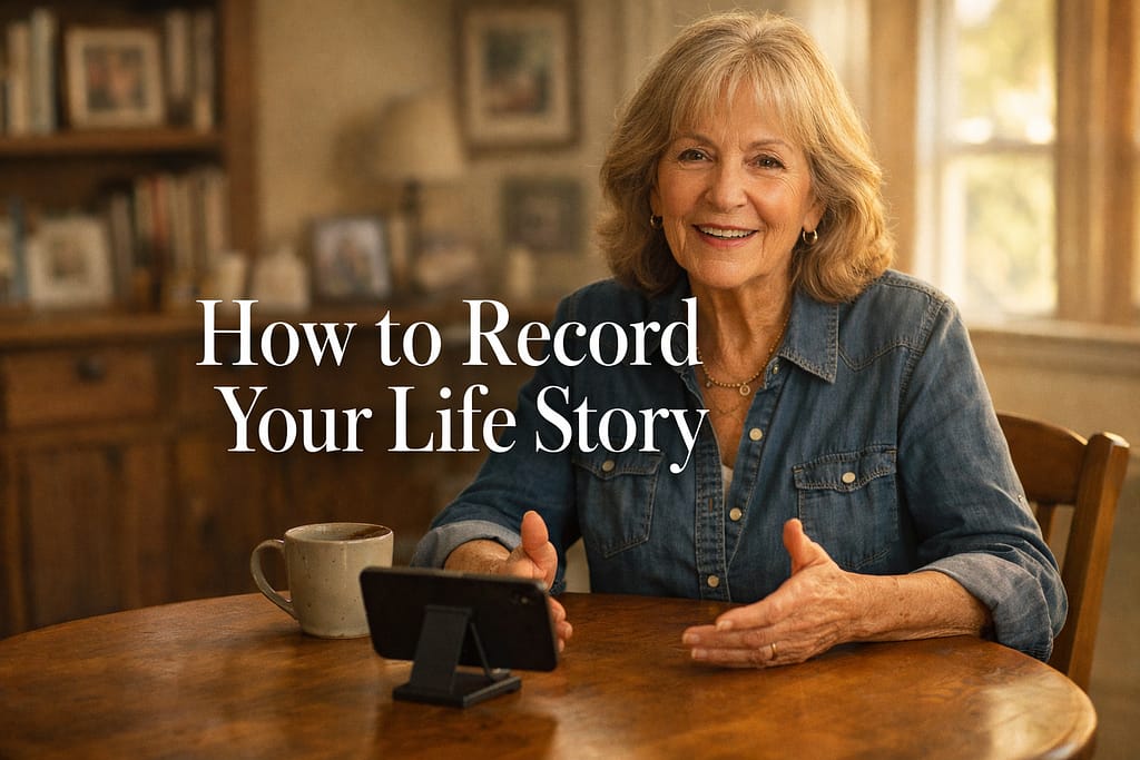 Woman in her late 60s seated at a kitchen table speaking into a propped smartphone to record her life story, warm afternoon light, relaxed home setting