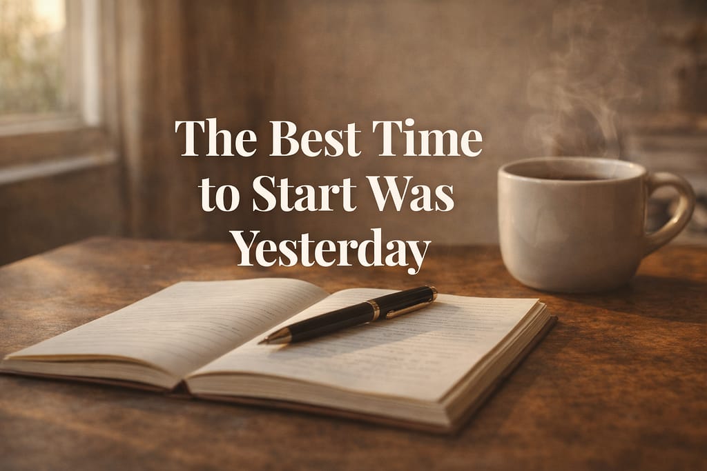 Open legacy journal on a wooden desk with a pen and morning coffee, ready to begin capturing memories and life stories