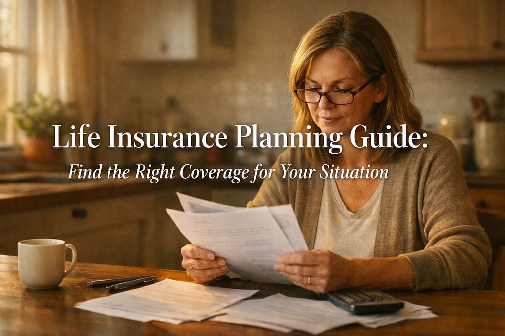 Woman reviewing life insurance documents at kitchen table in warm afternoon light, preparing to understand her coverage options