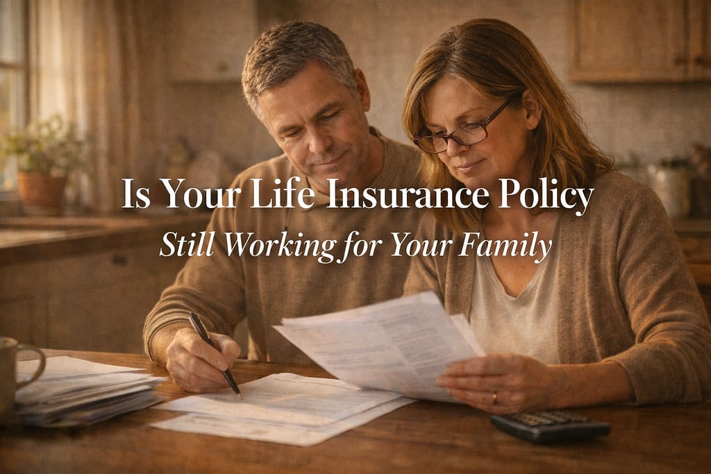 Couple in their fifties reviewing life insurance documents together at kitchen table in warm afternoon light