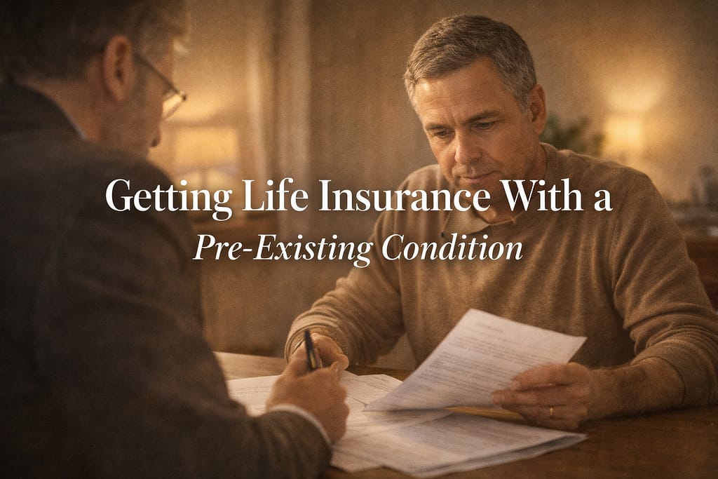 Man reviewing life insurance application options with an advisor, warm light, calm consultative setting