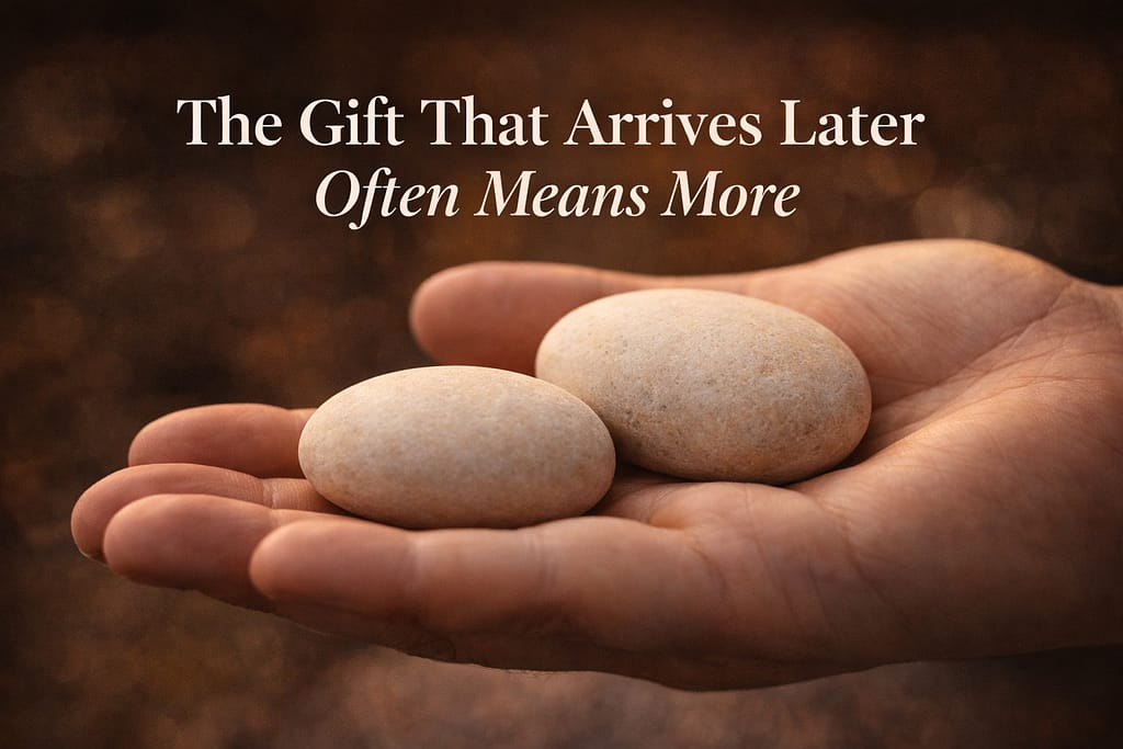 Two smooth cream and amber solidified remains stones resting in an open palm against a dark blurred background