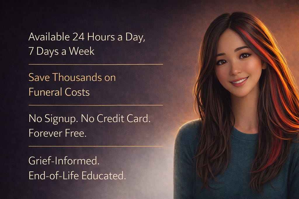 Solace AI assistant beside key benefit statements including 24/7 availability, funeral cost savings, and forever free access with no signup required