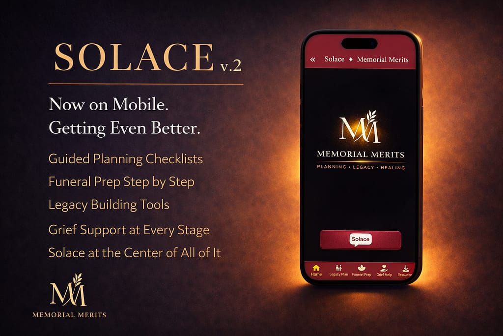Solace v.2 mobile app teaser showing coming features including guided planning checklists, funeral prep step by step, legacy building tools, and grief support with the Solace app screen mockup