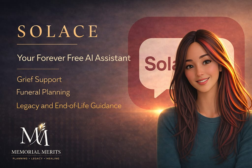 Solace, Memorial Merits forever free AI assistant for grief support, funeral planning, and end-of-life planning, near-human CGI portrait with metallic editorial treatment and gold text overlay