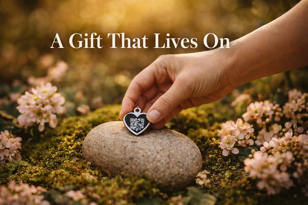 A hand placing a memorial medallion on a garden stone surrounded by moss and pink flowers in warm afternoon light