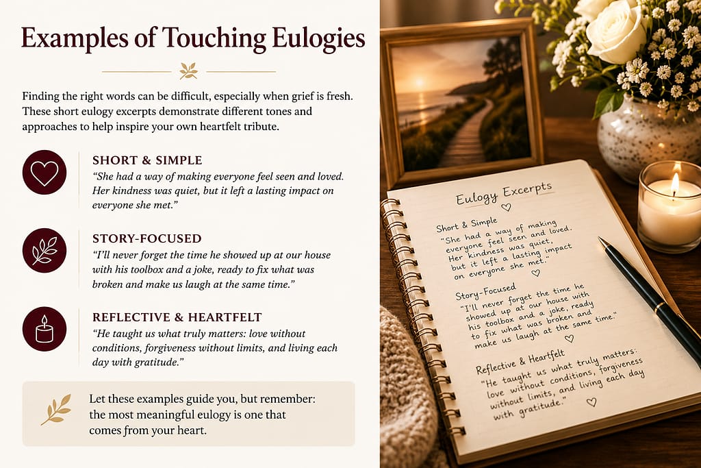 Warm eulogy examples guide beside a notebook with handwritten tribute excerpts, candle, flowers, framed photo, and pen.
