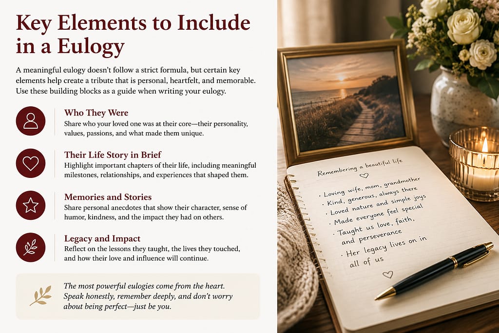 Editorial eulogy guide showing key elements to include in a eulogy beside a notebook, candle, flowers, and framed memorial photo.