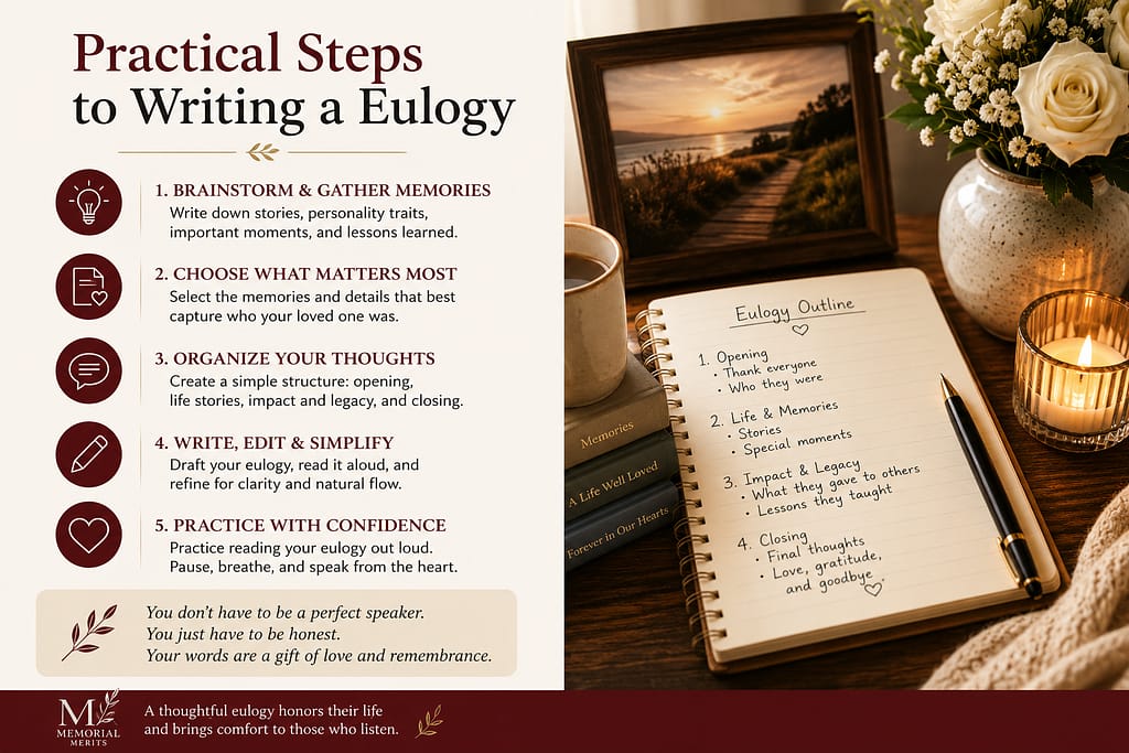 Step-by-step eulogy writing guide beside a notebook with a eulogy outline, candle, flowers, framed photo, and pen.