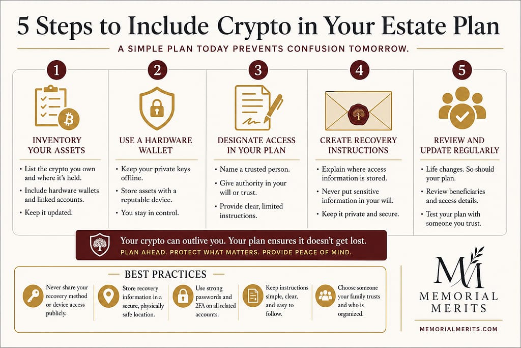 Five-step crypto estate planning process covering inventory, hardware wallets, access, recovery instructions, and regular reviews