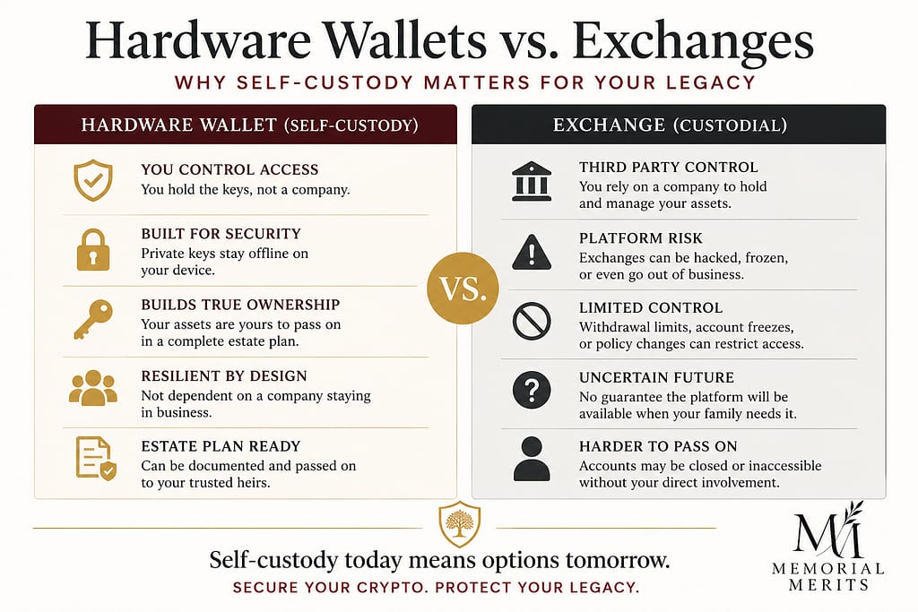 Comparison of hardware wallet self-custody and custodial crypto exchanges for inheritance planning