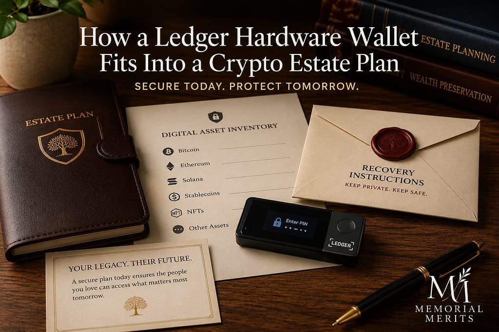 Ledger hardware wallet beside estate planning documents, digital asset inventory, and recovery instructions