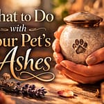 Woman holding a small ceramic pet urn on a wooden table in warm window light, soft dried flowers nearby