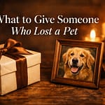 A wrapped sympathy gift beside a framed dog photo on a wooden table with warm candlelight in the background