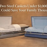 Silver steel casket with white crepe interior next to light blue steel casket with blue crepe interior displayed side by side in a warm showroom setting for product comparison review