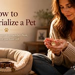 How to memorialize a pet shown by a person in soft window light holding a paw-print memorial keepsake near an empty pet bed
