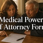 Adult daughter and aging father reviewing a medical power of attorney form together at a kitchen table in warm afternoon light