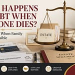 Estate documents, credit card bills, medical bills, and a balance scale showing who pays debt when someone dies