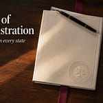 Court petition packet with an embossed seal and house keys, illustrating who qualifies for letters of administration in each state