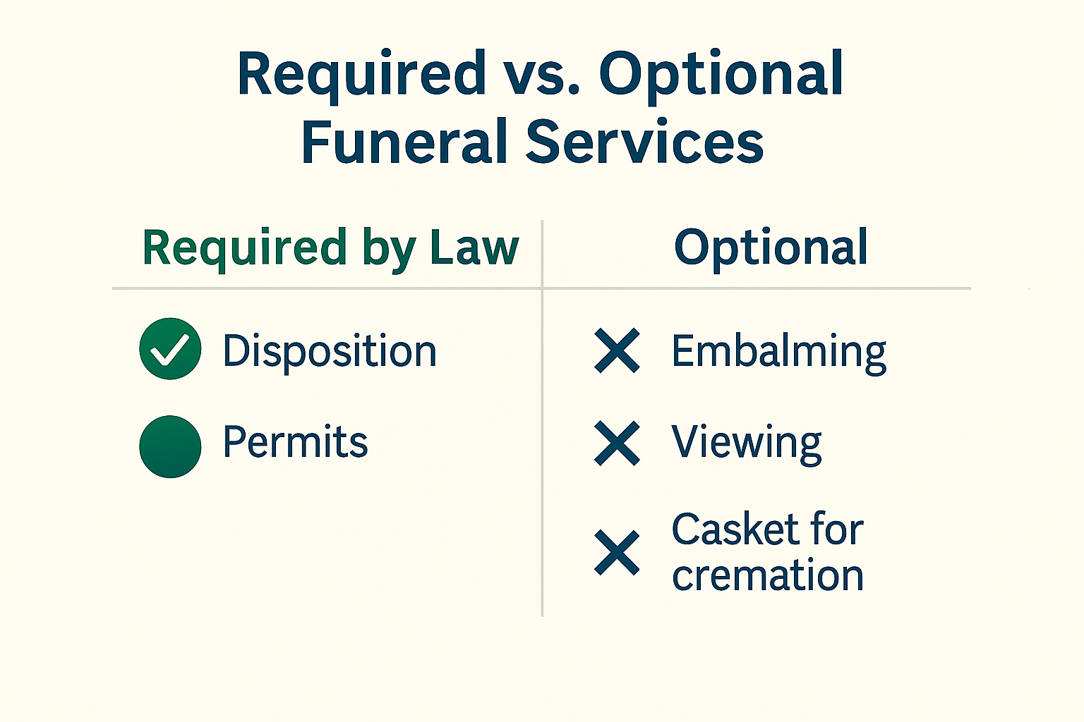 Educational comparison showing legally required funeral services versus optional services commonly assumed to be mandatory