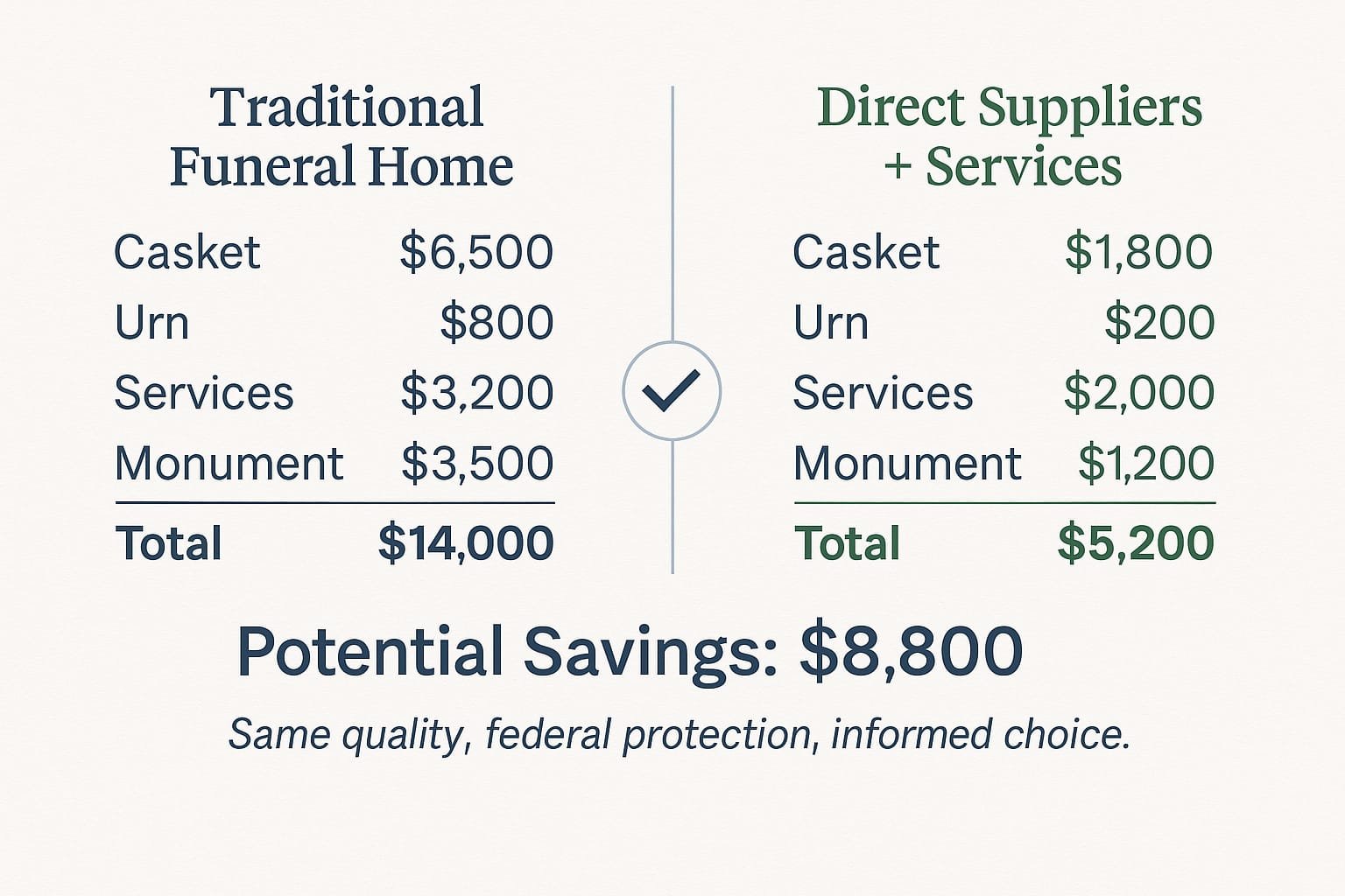 Price comparison infographic showing $8,800 in potential savings using direct suppliers versus traditional funeral home pricing
