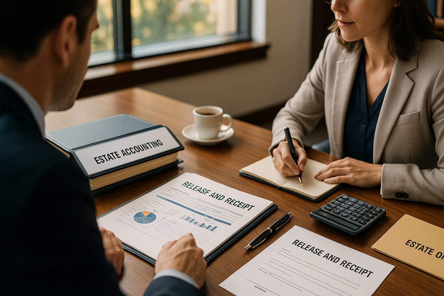 Professional meeting between executor and beneficiary reviewing estate accounting with release and receipt documents before final distribution