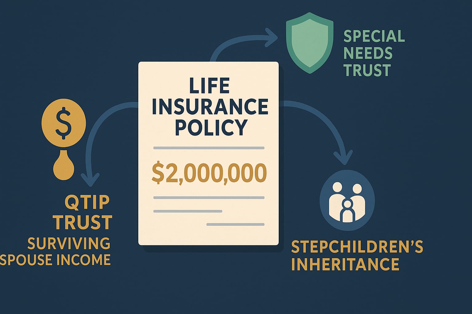 Diagram showing four separate trusts for blended family estate planning: special needs trust, QTIP trust, biological children's trust, and stepchildren's trust
