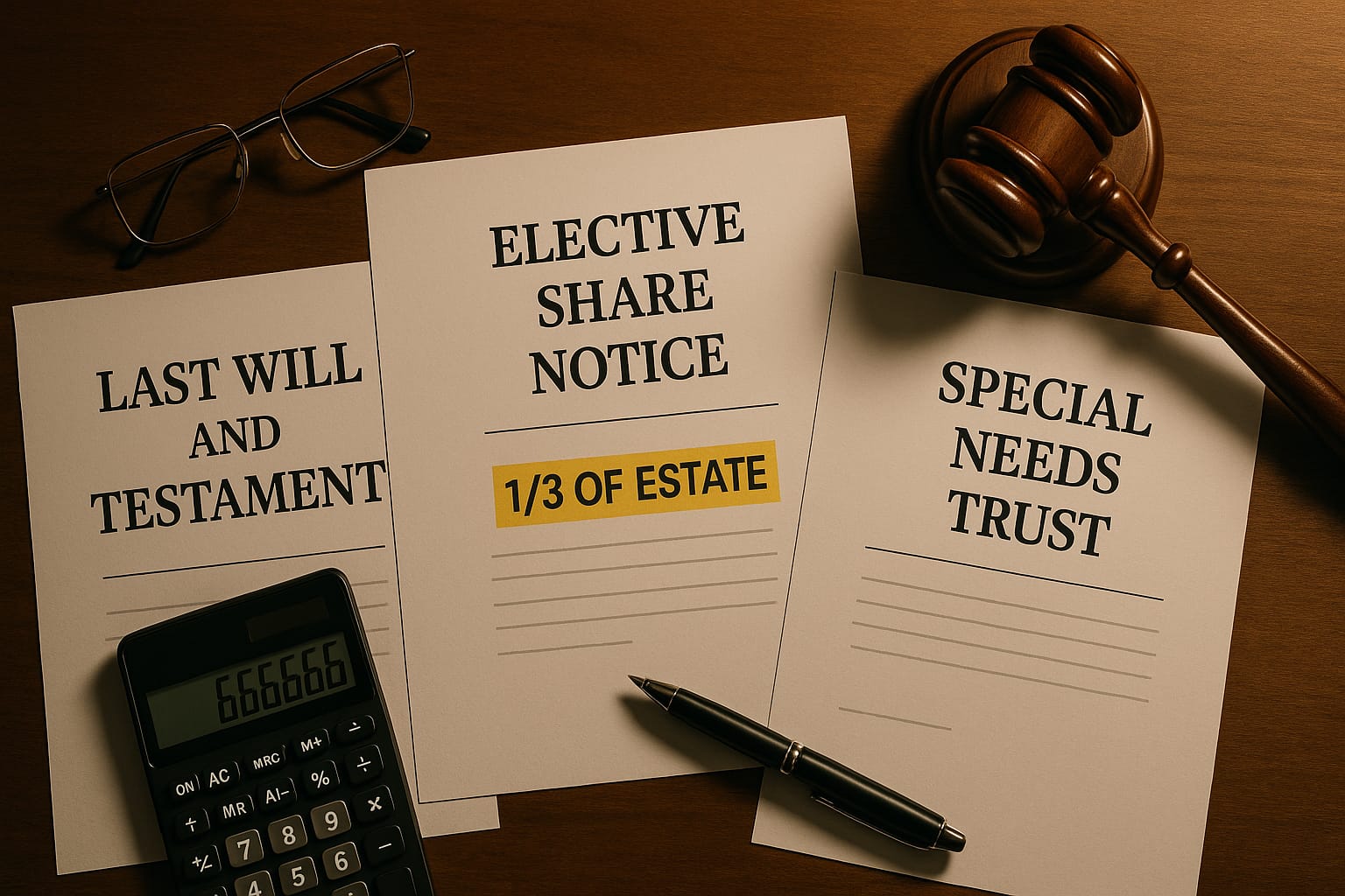 Legal documents showing will, elective share notice claiming one-third of estate, and special needs trust paperwork on attorney desk