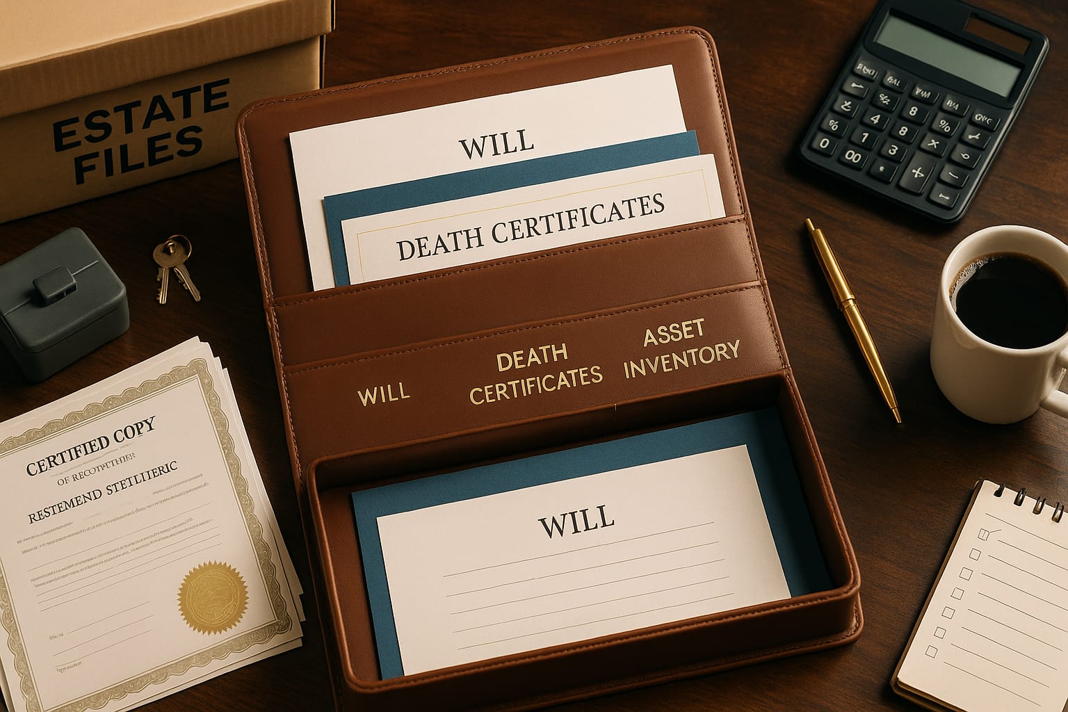 Overhead view of organized executor workspace with will, death certificates, asset inventory, and document organizer showing systematic estate administration from first 72 hours