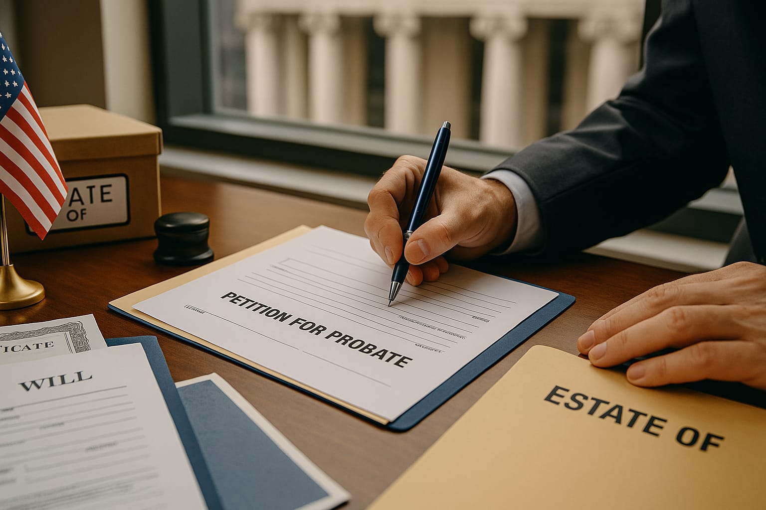 Close-up of executor completing probate petition form at desk with courthouse visible in background showing Phase 2 opening probate legal process