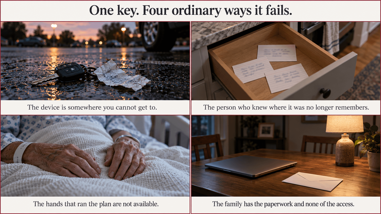 Four everyday scenes showing how a single bitcoin key fails: an accident, memory loss, hospitalization and a family left without access