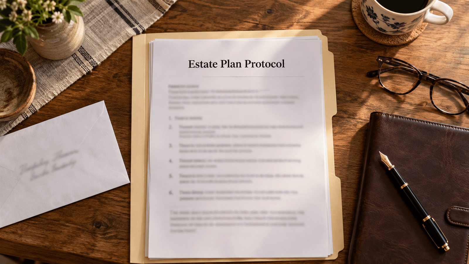 An Estate Plan Protocol folder on a kitchen table, the written path a family follows to reach inherited bitcoin
