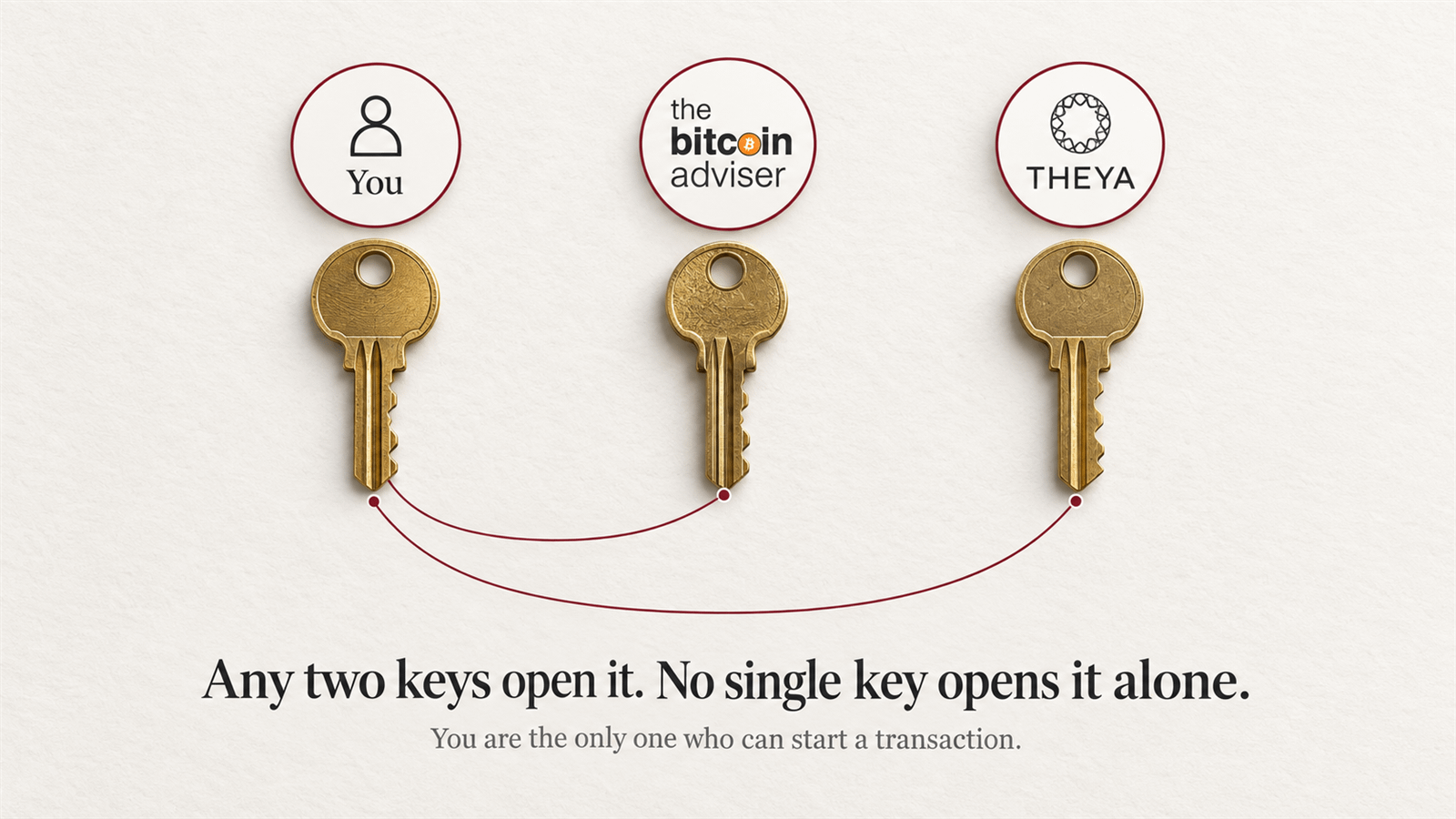Diagram of The Bitcoin Adviser two of three vault showing the owner key, the adviser key and the Theya vault key