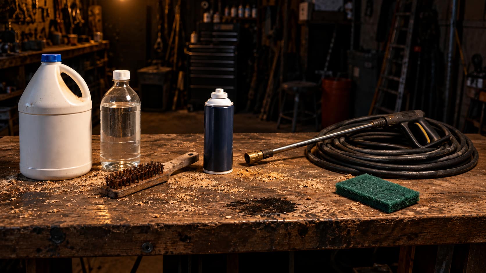 Products That Damage a Headstone Bleach, vinegar, a wire brush, shaving cream, a pressure washer wand and a scouring pad lined up on a garage bench, the products that damage a headstone