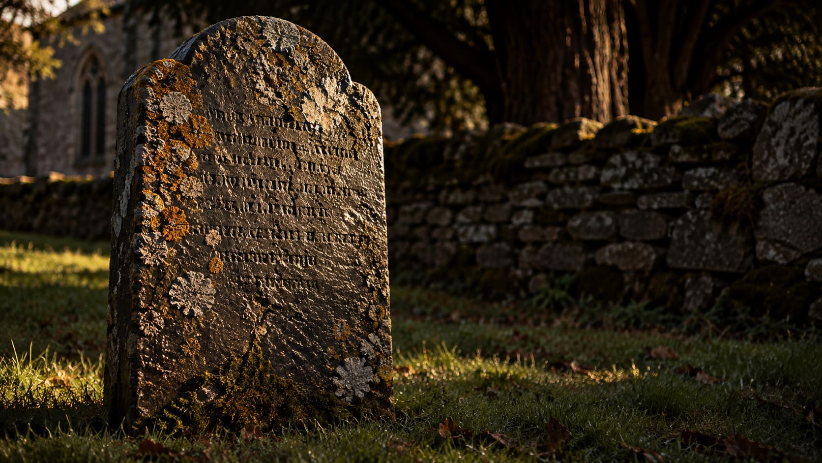 Cleaning Old Gravestones: Lichen on Slate Old slate gravestone covered in lichen in a churchyard at golden hour, raking light showing the worn inscription, an old gravestone that should be cleaned no more than once a year