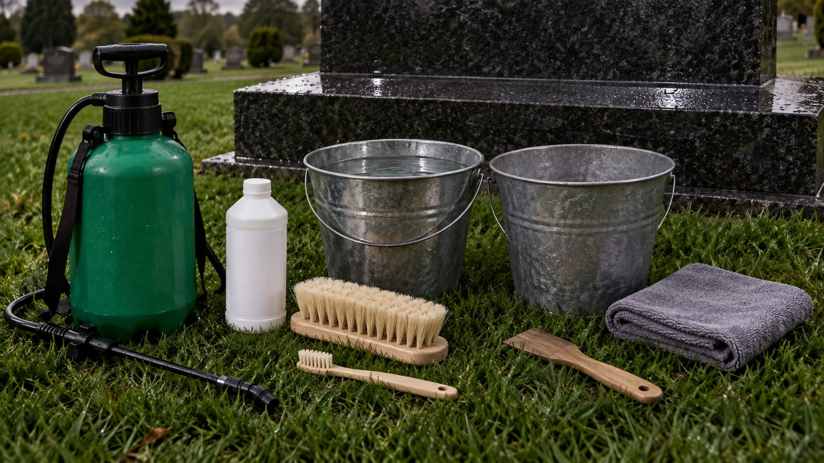 Safe Headstone Cleaning Supplies Safe headstone cleaning supplies on the grass beside a granite marker: pump sprayer, biological stone cleaner, soft brushes, two buckets of water, towel and scraper