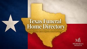 Texas Funeral Costs in 2026: Real Prices, Your Rights, and a Verified Directory Editorial graphic of Texas state outline in warm cream-gold layered over the official Texas Lone Star Flag background, Playfair Display title Texas Funeral Home Directory and italic subtitle Real Costs Real Rights Real Savings centered horizontally and vertically over the outline, Memorial Merits wordmark in lower corner