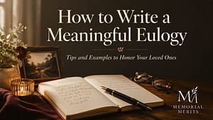 Open notebook with handwritten eulogy notes, fountain pen, candle, reading glasses, and family photo for a guide on how to write a meaningful eulogy.
